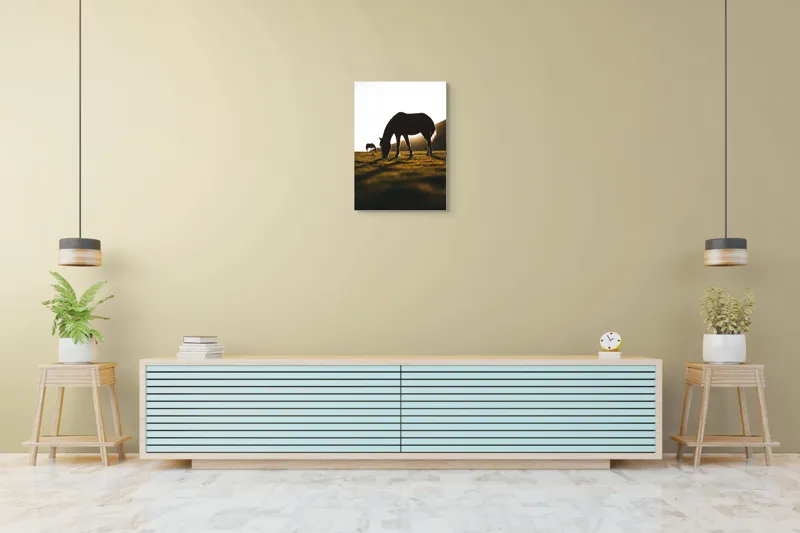 Tablou Canvas, "Cai păscând la apus liniștit", Cal, Siluetă, Pășune, Apus, Tranquilitate, 50 x 70 cm – poza 6