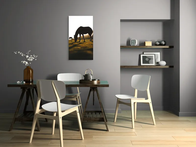 Tablou Canvas, "Cai păscând la apus liniștit", Cal, Siluetă, Pășune, Apus, Tranquilitate, 50 x 90 cm – poza 4