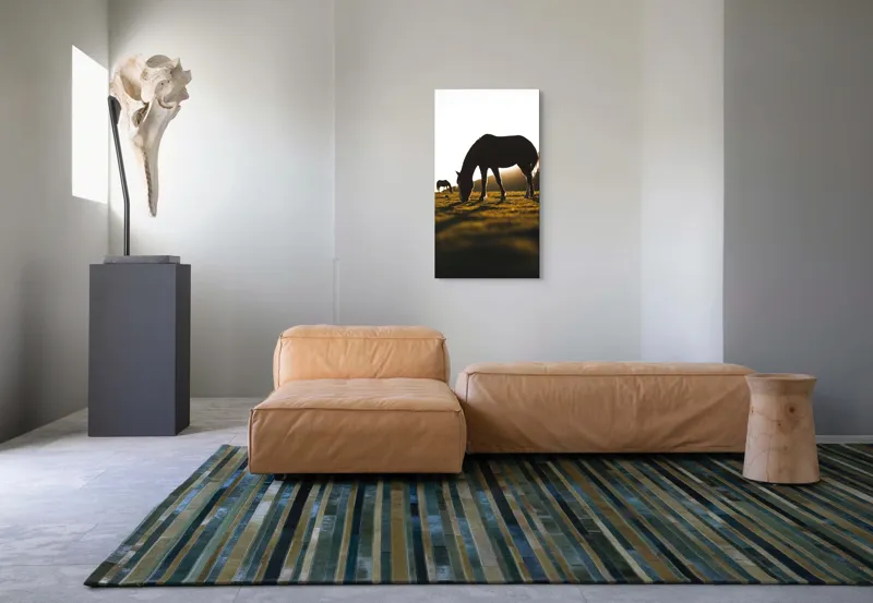 Tablou Canvas, "Cai păscând la apus liniștit", Cal, Siluetă, Pășune, Apus, Tranquilitate, 50 x 90 cm – poza 5