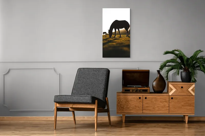 Tablou Canvas, "Cai păscând la apus liniștit", Cal, Siluetă, Pășune, Apus, Tranquilitate, 50 x 90 cm – poza 8