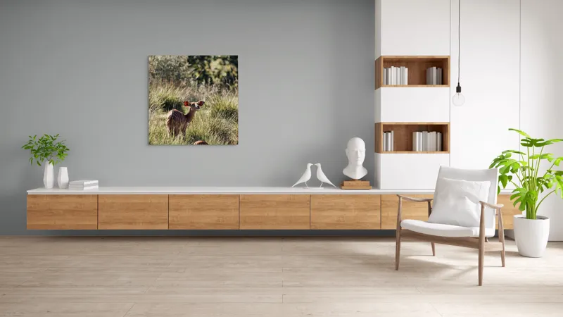 Tablou Canvas, "Cerbi în lumina dimineții liniștite", Plante, Curiozitate, Dungat, Natură, Iarbă, Serenitate, Animale, Verde, Sălbăticie, 100 x 100 cm – poza 8