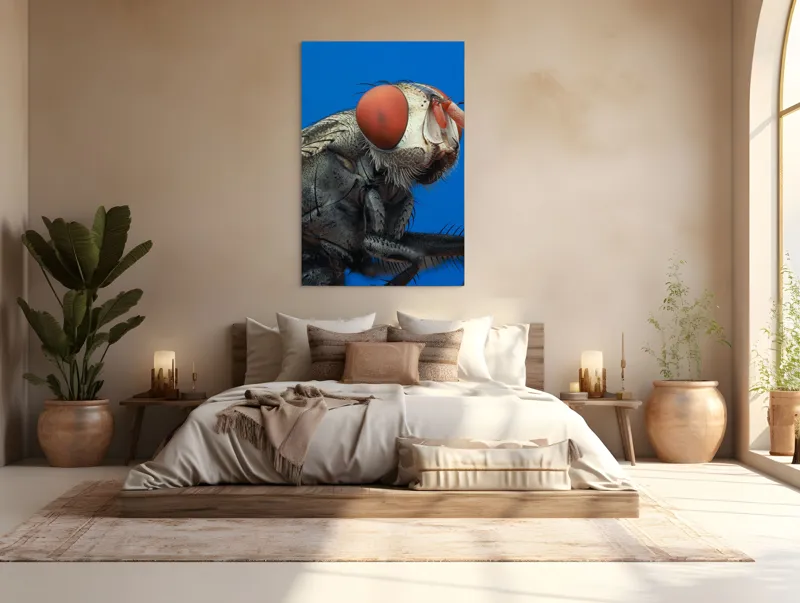 Tablou Canvas, "Musca sub cerul albastru intens", Ochi, Roșii, Textură, Metalic, Detaliat, Contrast, Insectă, Macro, Natură, 100 x 150 cm – poza 3