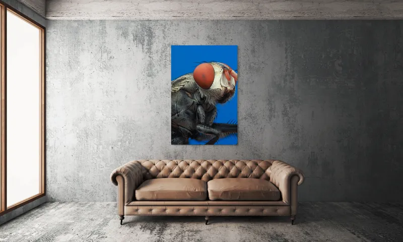 Tablou Canvas, "Musca sub cerul albastru intens", Ochi, Roșii, Textură, Metalic, Detaliat, Contrast, Insectă, Macro, Natură, 100 x 150 cm – poza 6