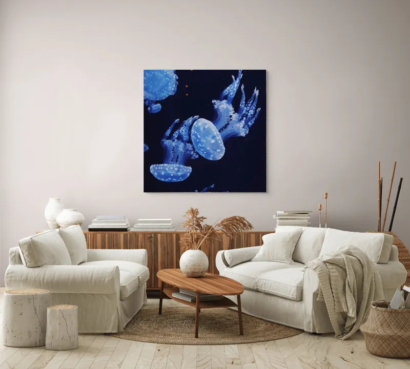 Tablou Canvas, "Dansul grațios al meduzelor albastre", Jellyfish, Ocean, Blue, Luminescent, Graceful, Underwater, Ethereal, Floating, Marine, Tranquil, 100 x 100 cm – poza 3
