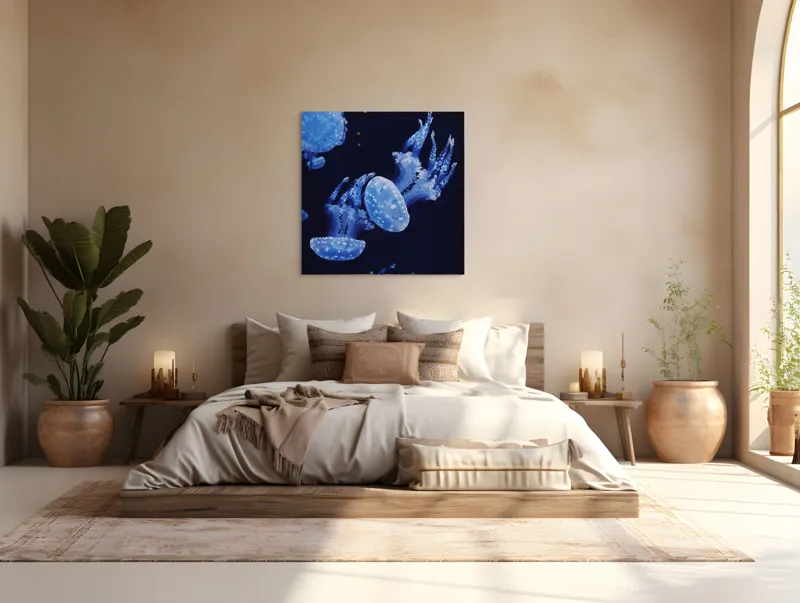 Tablou Canvas, "Dansul grațios al meduzelor albastre", Jellyfish, Ocean, Blue, Luminescent, Graceful, Underwater, Ethereal, Floating, Marine, Tranquil, 100 x 100 cm – poza 4