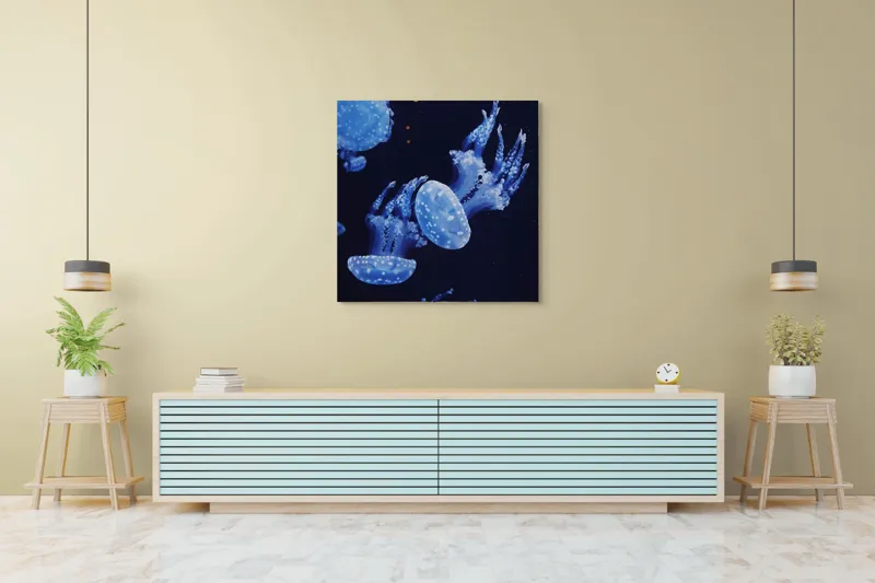 Tablou Canvas, "Dansul grațios al meduzelor albastre", Jellyfish, Ocean, Blue, Luminescent, Graceful, Underwater, Ethereal, Floating, Marine, Tranquil, 100 x 100 cm – poza 5