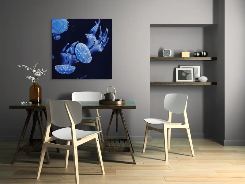Tablou Canvas, "Dansul grațios al meduzelor albastre", Jellyfish, Ocean, Blue, Luminescent, Graceful, Underwater, Ethereal, Floating, Marine, Tranquil, 100 x 100 cm – poza 6