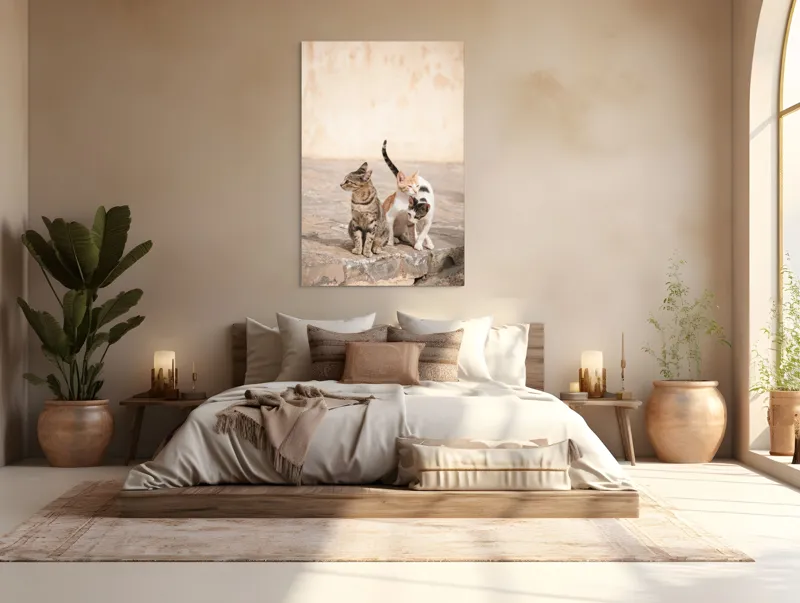 Tablou Canvas, "Trei pisici pe piatra caldă", Pisici, Pietre, Soare, Relaxare, Blană, Cozi, Natura, 100 x 150 cm – poza 3