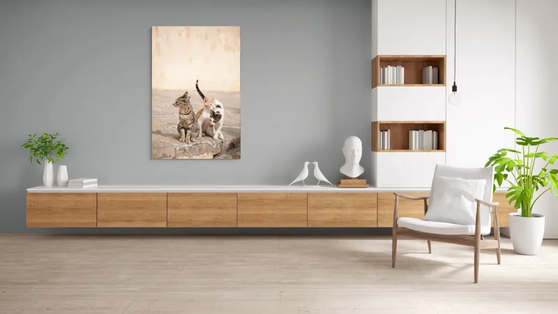 Tablou Canvas, "Trei pisici pe piatra caldă", Pisici, Pietre, Soare, Relaxare, Blană, Cozi, Natura, 100 x 150 cm – poza 8