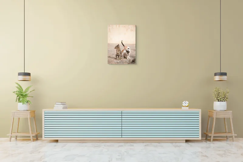 Tablou Canvas, "Trei pisici pe piatra caldă", Pisici, Pietre, Soare, Relaxare, Blană, Cozi, Natura, 50 x 70 cm – poza 6