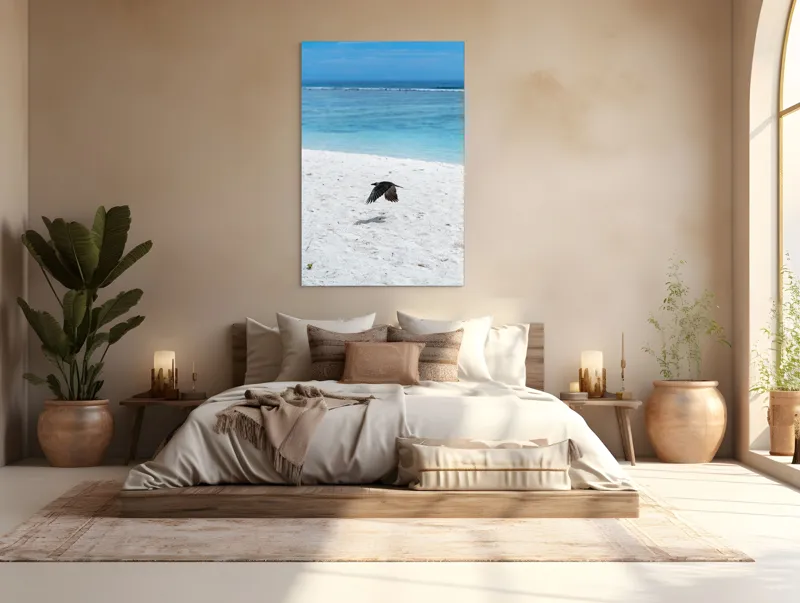 Tablou Canvas, "Pasărea solitară pe țărmul oceanului", Zbor, Păsăre, Plajă, Ocean, Apă, Cer, Nisip, Libertate, Natură, Liniște, 100 x 150 cm – poza 3