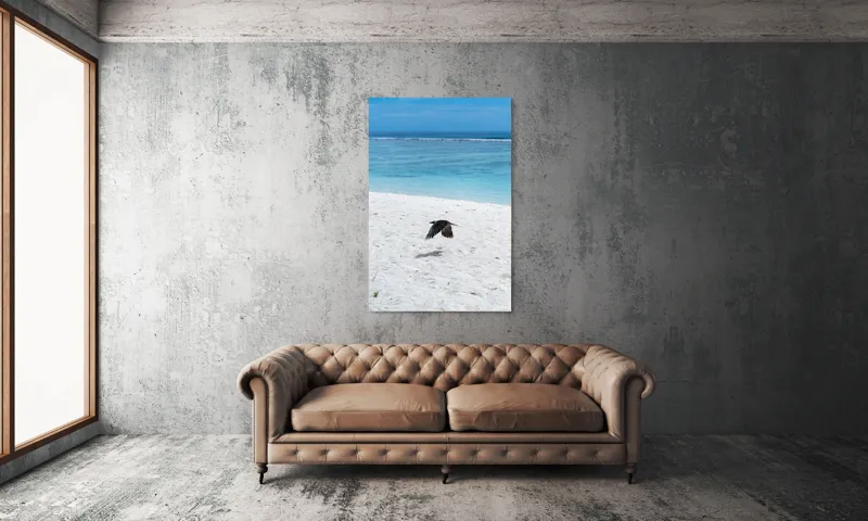 Tablou Canvas, "Pasărea solitară pe țărmul oceanului", Zbor, Păsăre, Plajă, Ocean, Apă, Cer, Nisip, Libertate, Natură, Liniște, 100 x 150 cm – poza 6