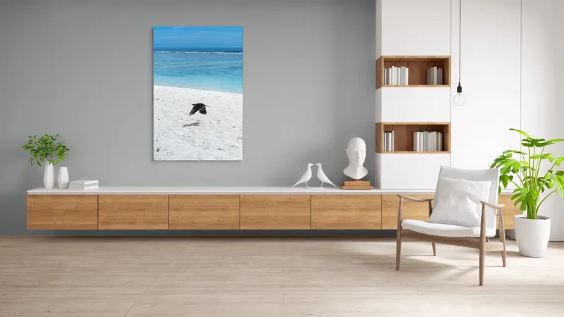 Tablou Canvas, "Pasărea solitară pe țărmul oceanului", Zbor, Păsăre, Plajă, Ocean, Apă, Cer, Nisip, Libertate, Natură, Liniște, 100 x 150 cm – poza 8