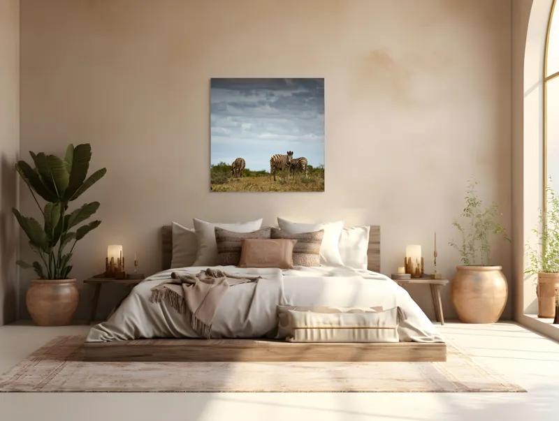 Tablou Canvas, "Zebrele pe savana africana verde", Zebre, Câmpie, Nori, Vegetație, Natură, Cer, Sălbăticie, 100 x 100 cm – poza 4