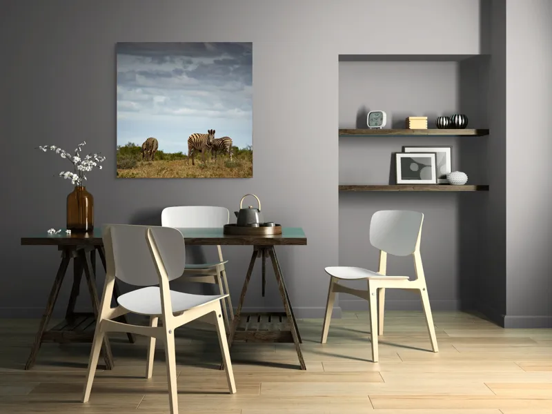 Tablou Canvas, "Zebrele pe savana africana verde", Zebre, Câmpie, Nori, Vegetație, Natură, Cer, Sălbăticie, 100 x 100 cm – poza 6