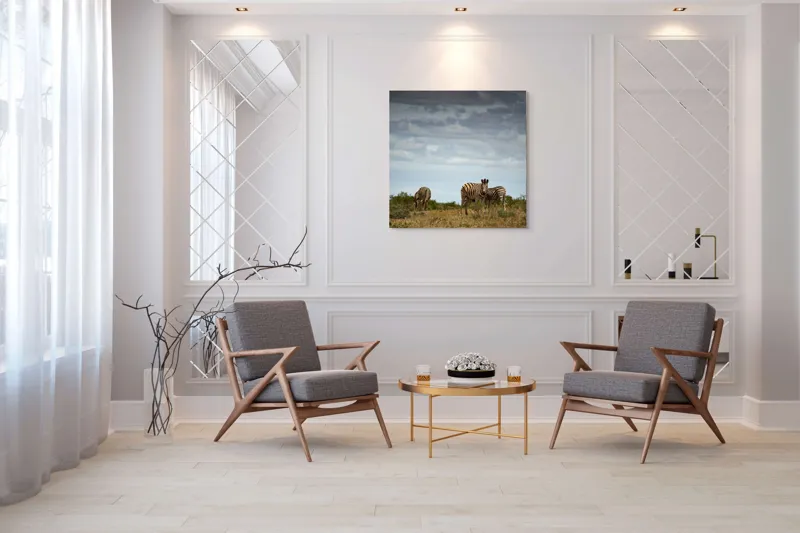 Tablou Canvas, "Zebrele pe savana africana verde", Zebre, Câmpie, Nori, Vegetație, Natură, Cer, Sălbăticie, 100 x 100 cm – poza 7