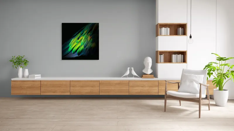 Tablou Canvas, "Aripi irizate în lumină obscură", Culori, Pene, Lumină, Verde, Textură, Frumusețe, Natură, Mister, Strălucire, Gradient, 100 x 100 cm – poza 8