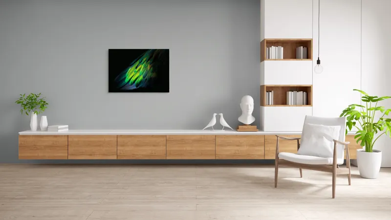 Tablou Canvas, "Aripi irizate în lumină obscură", Culori, Pene, Lumină, Verde, Textură, Frumusețe, Natură, Mister, Strălucire, Gradient, 100 x 70 cm – poza 6
