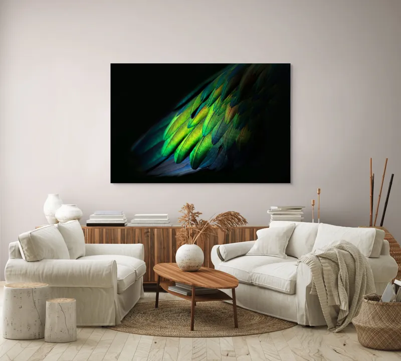 Tablou Canvas, "Aripi irizate în lumină obscură", Culori, Pene, Lumină, Verde, Textură, Frumusețe, Natură, Mister, Strălucire, Gradient, 150 x 100 cm – poza 3