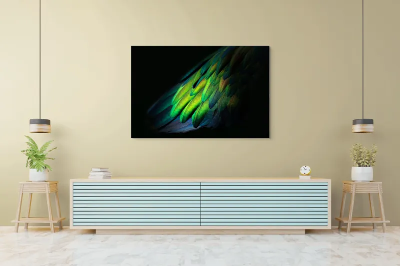 Tablou Canvas, "Aripi irizate în lumină obscură", Culori, Pene, Lumină, Verde, Textură, Frumusețe, Natură, Mister, Strălucire, Gradient, 150 x 100 cm – poza 6