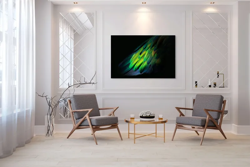 Tablou Canvas, "Aripi irizate în lumină obscură", Culori, Pene, Lumină, Verde, Textură, Frumusețe, Natură, Mister, Strălucire, Gradient, 150 x 100 cm – poza 7