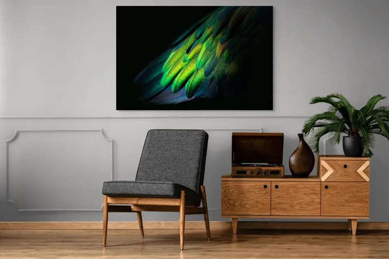 Tablou Canvas, "Aripi irizate în lumină obscură", Culori, Pene, Lumină, Verde, Textură, Frumusețe, Natură, Mister, Strălucire, Gradient, 150 x 100 cm – poza 8