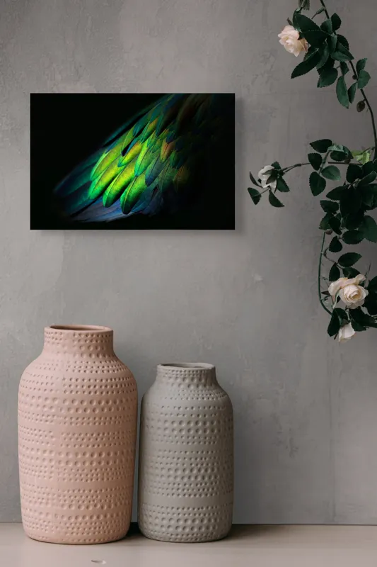 Tablou Canvas, "Aripi irizate în lumină obscură", Culori, Pene, Lumină, Verde, Textură, Frumusețe, Natură, Mister, Strălucire, Gradient, 39 x 26 cm – poza 4