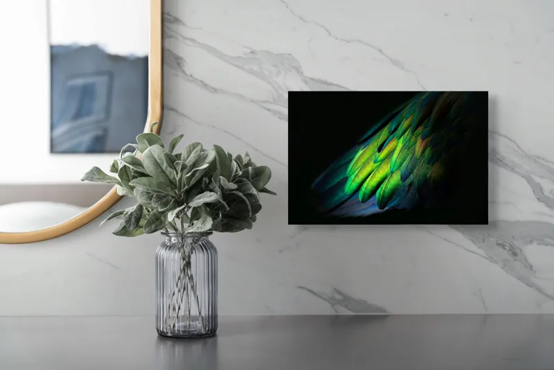 Tablou Canvas, "Aripi irizate în lumină obscură", Culori, Pene, Lumină, Verde, Textură, Frumusețe, Natură, Mister, Strălucire, Gradient, 39 x 26 cm – poza 5