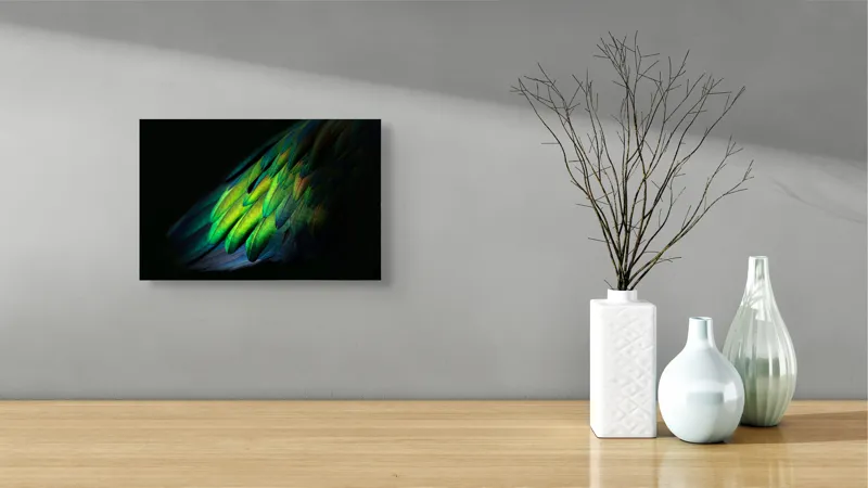 Tablou Canvas, "Aripi irizate în lumină obscură", Culori, Pene, Lumină, Verde, Textură, Frumusețe, Natură, Mister, Strălucire, Gradient, 39 x 26 cm – poza 8