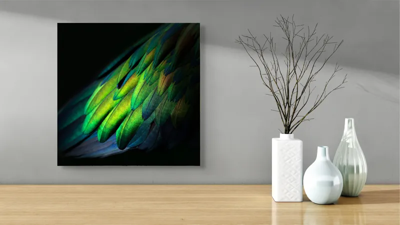 Tablou Canvas, "Aripi irizate în lumină obscură", Culori, Pene, Lumină, Verde, Textură, Frumusețe, Natură, Mister, Strălucire, Gradient, 50 x 50 cm – poza 3