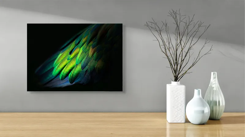 Tablou Canvas, "Aripi irizate în lumină obscură", Culori, Pene, Lumină, Verde, Textură, Frumusețe, Natură, Mister, Strălucire, Gradient, 54 x 39 cm – poza 3