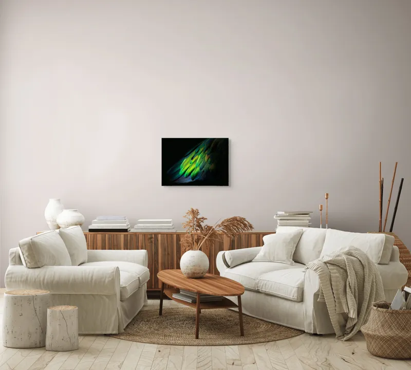 Tablou Canvas, "Aripi irizate în lumină obscură", Culori, Pene, Lumină, Verde, Textură, Frumusețe, Natură, Mister, Strălucire, Gradient, 54 x 39 cm – poza 5
