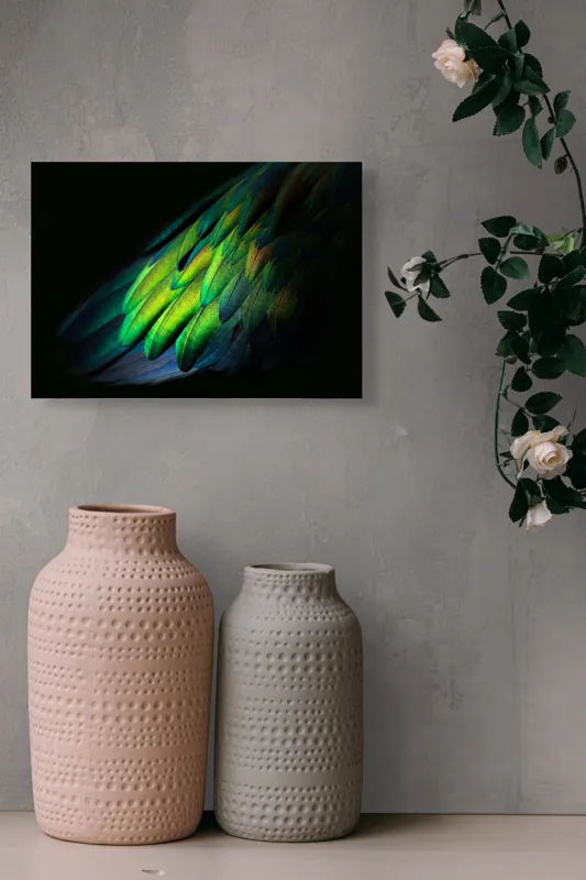 Tablou Canvas, "Aripi irizate în lumină obscură", Culori, Pene, Lumină, Verde, Textură, Frumusețe, Natură, Mister, Strălucire, Gradient, 54 x 39 cm – poza 8