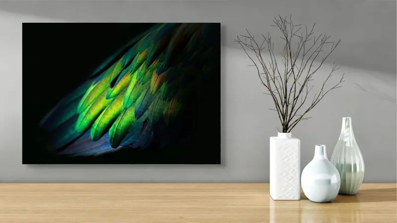 Tablou Canvas, "Aripi irizate în lumină obscură", Culori, Pene, Lumină, Verde, Textură, Frumusețe, Natură, Mister, Strălucire, Gradient, 70 x 50 cm – poza 3