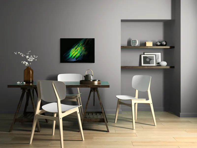 Tablou Canvas, "Aripi irizate în lumină obscură", Culori, Pene, Lumină, Verde, Textură, Frumusețe, Natură, Mister, Strălucire, Gradient, 70 x 50 cm – poza 5