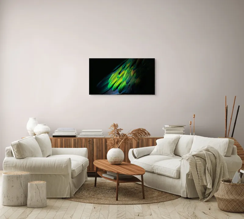 Tablou Canvas, "Aripi irizate în lumină obscură", Culori, Pene, Lumină, Verde, Textură, Frumusețe, Natură, Mister, Strălucire, Gradient, 90 x 50 cm – poza 4