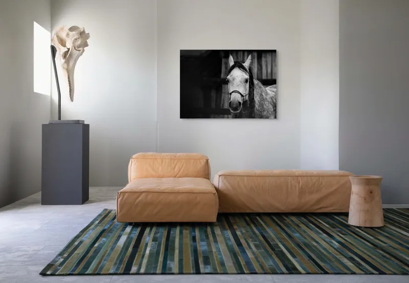 Tablou Canvas, "Calul în așteptarea dimineții solemne", Cal, Legat, Stabie, Privire, Blândă, Monocrom, Misterios., 100 x 70 cm – poza 7