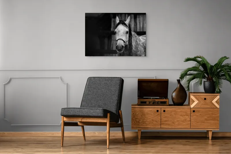 Tablou Canvas, "Calul în așteptarea dimineții solemne", Cal, Legat, Stabie, Privire, Blândă, Monocrom, Misterios., 100 x 70 cm – poza 8