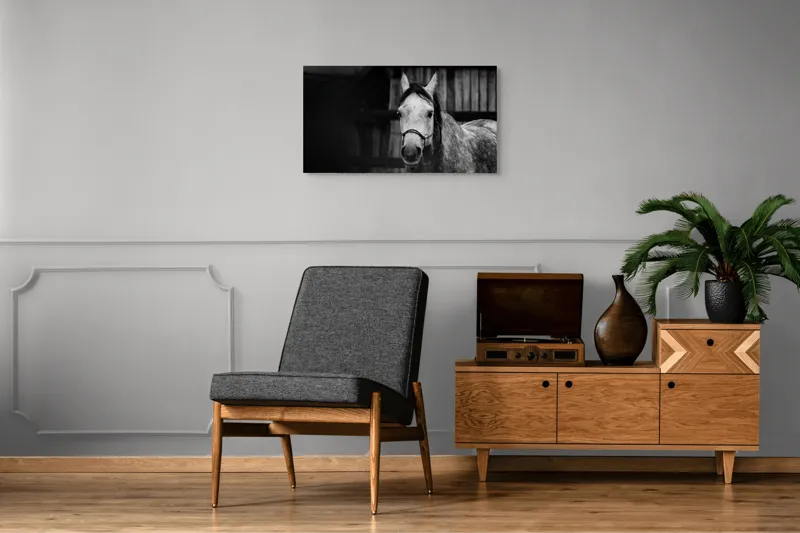 Tablou Canvas, "Calul în așteptarea dimineții solemne", Cal, Legat, Stabie, Privire, Blândă, Monocrom, Misterios., 90 x 50 cm – poza 6