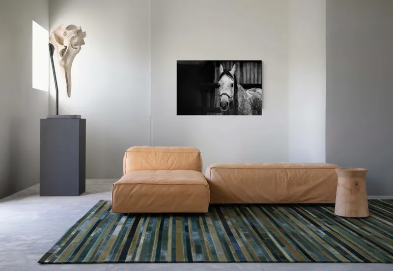 Tablou Canvas, "Calul în așteptarea dimineții solemne", Cal, Legat, Stabie, Privire, Blândă, Monocrom, Misterios., 90 x 50 cm – poza 8