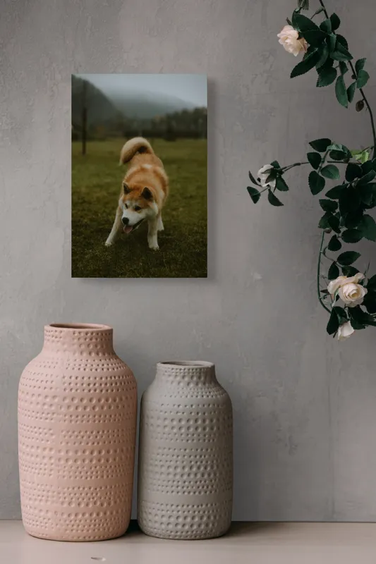 Tablou Canvas, "Câine jucăuș într-o dimineață cețoasă", Câine, Jucăuș, Blană, Verdeață, Coadă, Nori, Pădure, Relaxare, 26 x 39 cm – poza 6