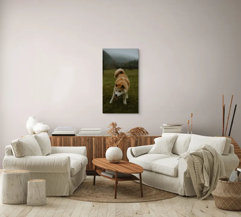 Tablou Canvas, "Câine jucăuș într-o dimineață cețoasă", Câine, Jucăuș, Blană, Verdeață, Coadă, Nori, Pădure, Relaxare, 50 x 90 cm – poza 7