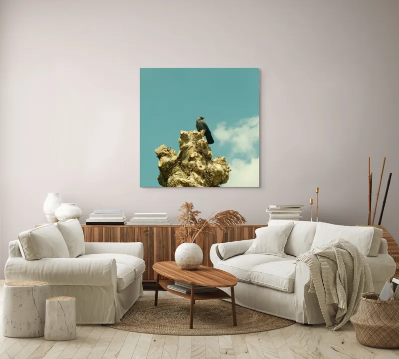 Tablou Canvas, "Corbul de pe trunchiul ciudat", Nor, Cer, Pasăre, Copac, Albastru, 100 x 100 cm – poza 3
