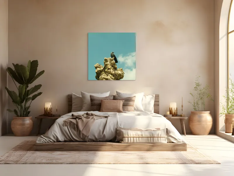 Tablou Canvas, "Corbul de pe trunchiul ciudat", Nor, Cer, Pasăre, Copac, Albastru, 100 x 100 cm – poza 4