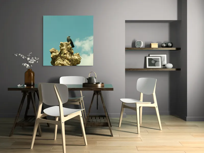 Tablou Canvas, "Corbul de pe trunchiul ciudat", Nor, Cer, Pasăre, Copac, Albastru, 100 x 100 cm – poza 6
