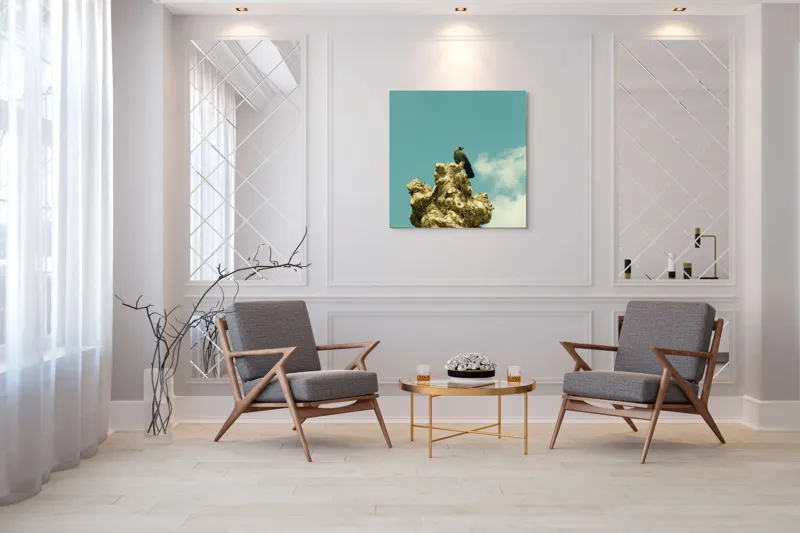 Tablou Canvas, "Corbul de pe trunchiul ciudat", Nor, Cer, Pasăre, Copac, Albastru, 100 x 100 cm – poza 7