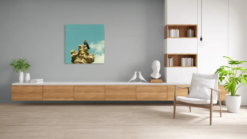 Tablou Canvas, "Corbul de pe trunchiul ciudat", Nor, Cer, Pasăre, Copac, Albastru, 100 x 100 cm – poza 8