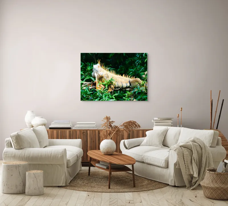 Tablou Canvas, "Iguana odihnindu-se printre frunze verzi", Iguana, Verde, Frunze, Ramură, Spini, Soare, Natură, Peisaj., 100 x 70 cm – poza 3