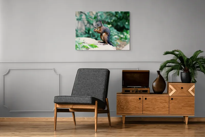 Tablou Canvas, "Veverița savurând un deliciu în pădure", Veveriță, Blană, Iarbă, Copac, Rozătoare, Ghemuită, Verde, Natură, 100 x 70 cm – poza 8