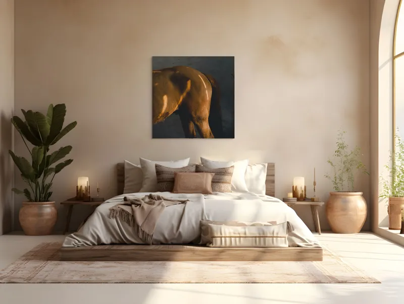 Tablou Canvas, "Reflexii de lumină pe blana calului", Umbre, Lumini, Cal, Blândețe, Zid, Liniște, Textură, 100 x 100 cm – poza 4